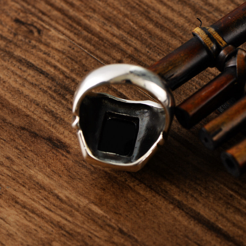 Black Agate Navy Wind Sterling Silver Ring