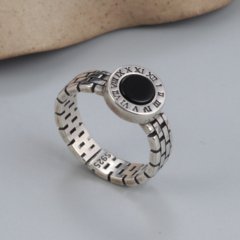 Sterling Silver Clock Design Black Onyx Ring