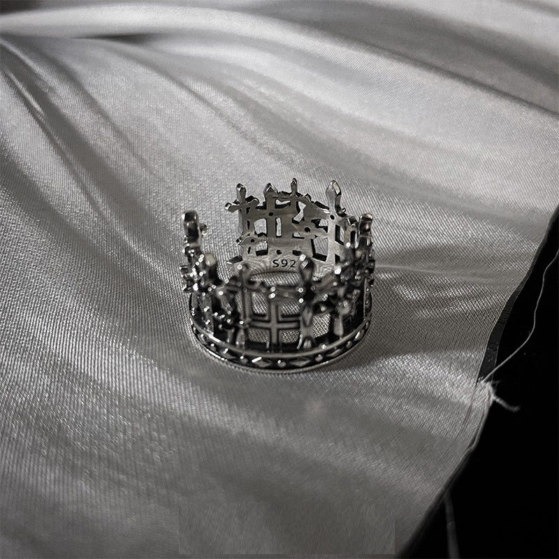 S925 Sterling Silver Black Ruby Crown Cross Ring