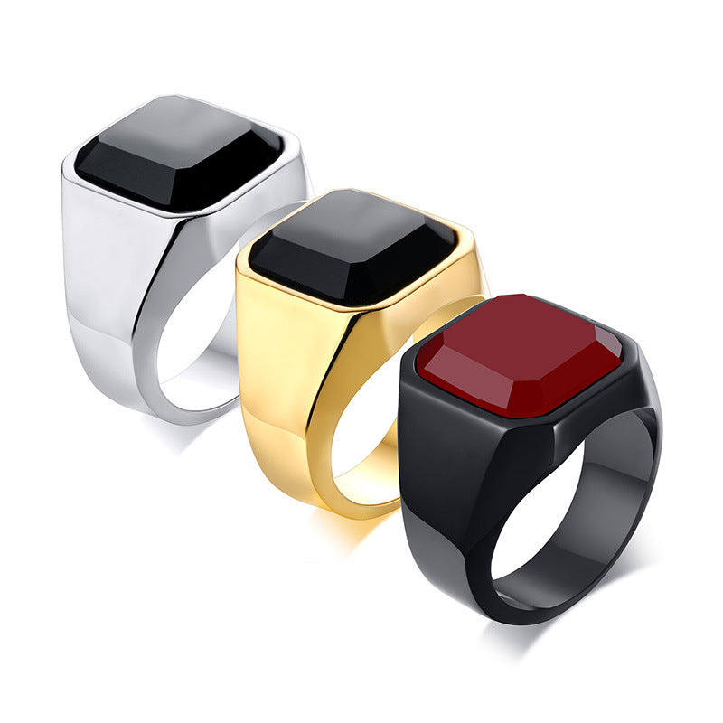 Men's Trendy stainless steel black agate ring