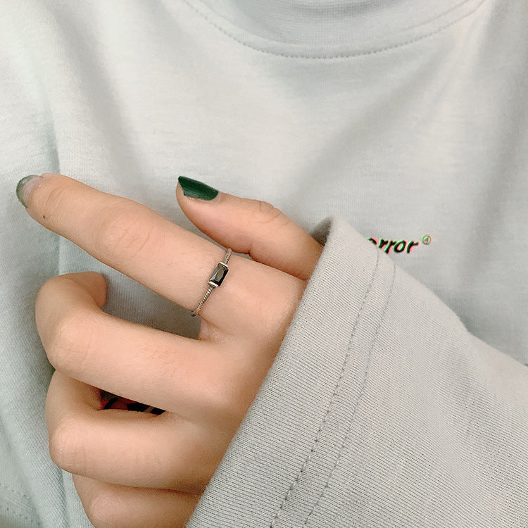 Minimalist Rectangle Black Stone Sterling Silver Ring