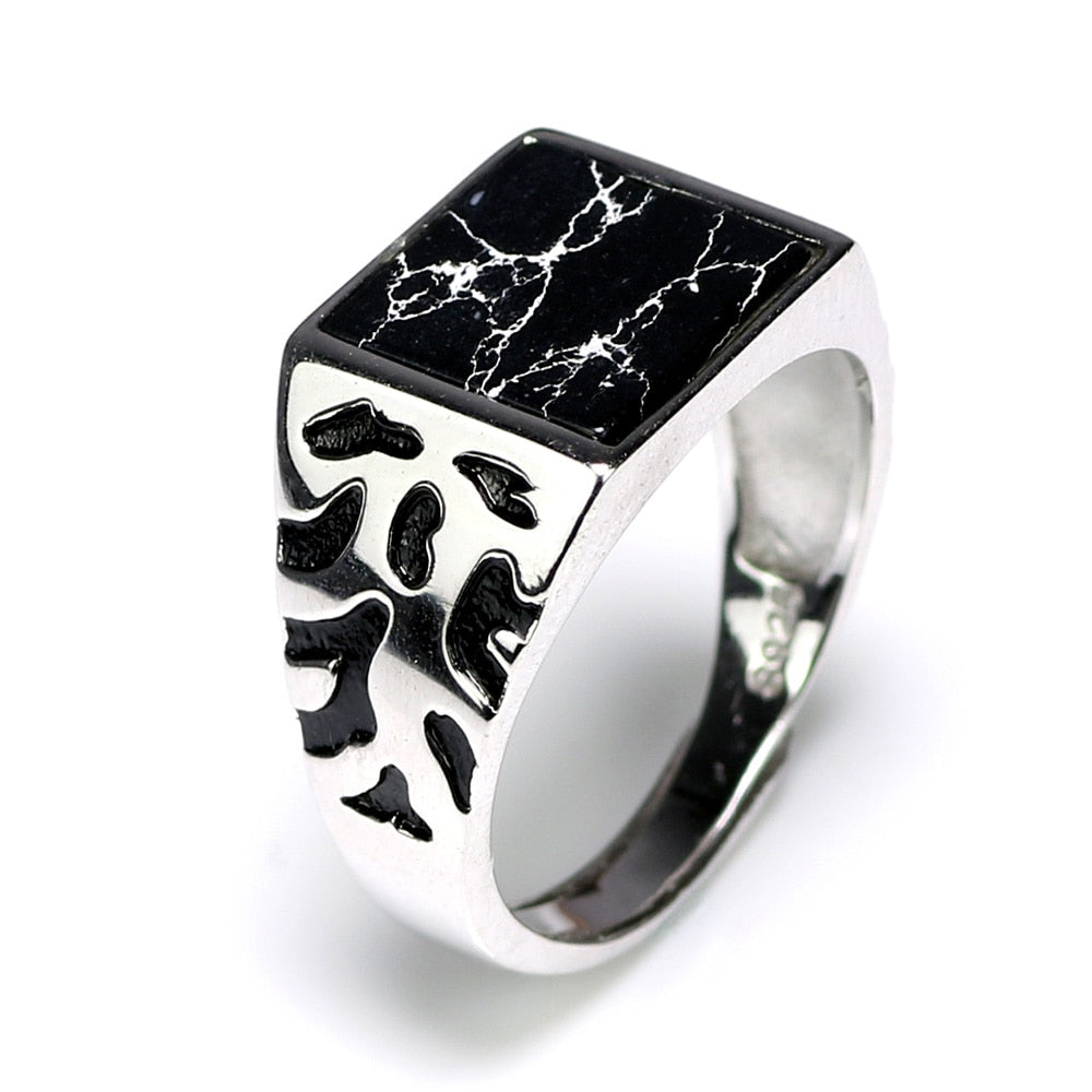 925 Sterling Silver Vintage Men's Rings Adjustable Square Black Stone Flower