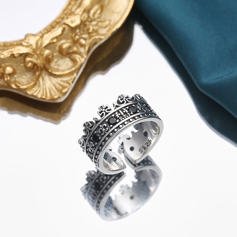 Crown King Sterling Ring with Black Zircon Stone