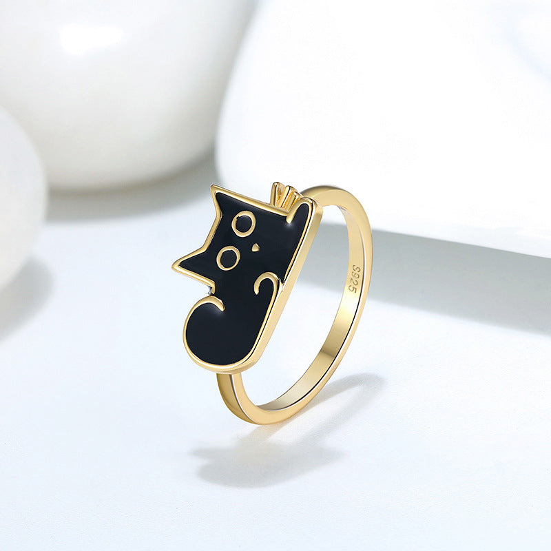 Trendy black cat sterling silver ring