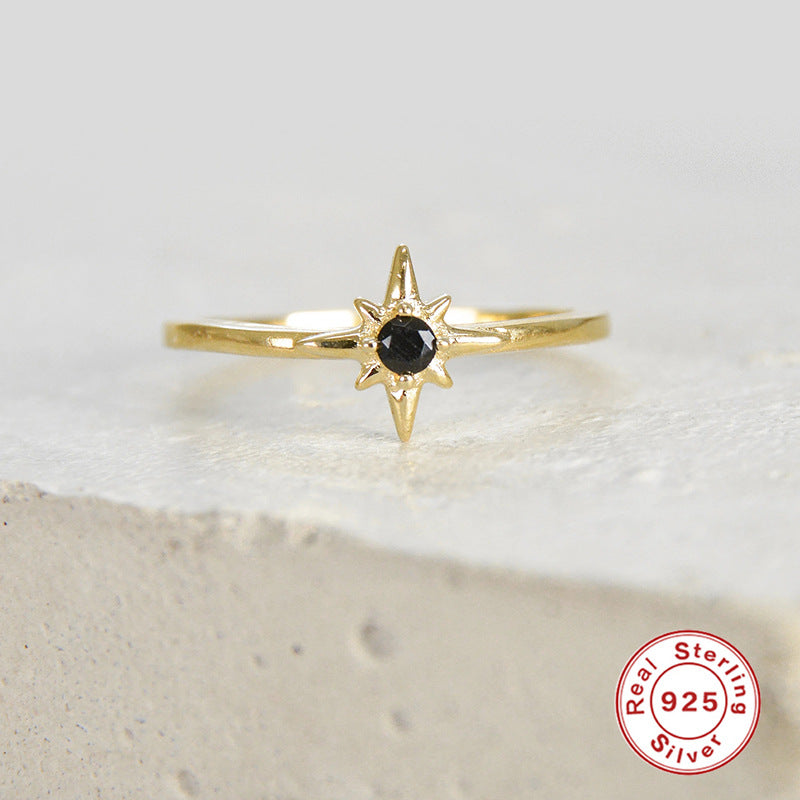 Dainty Sterling Silver Starburst Ring With Black Stone