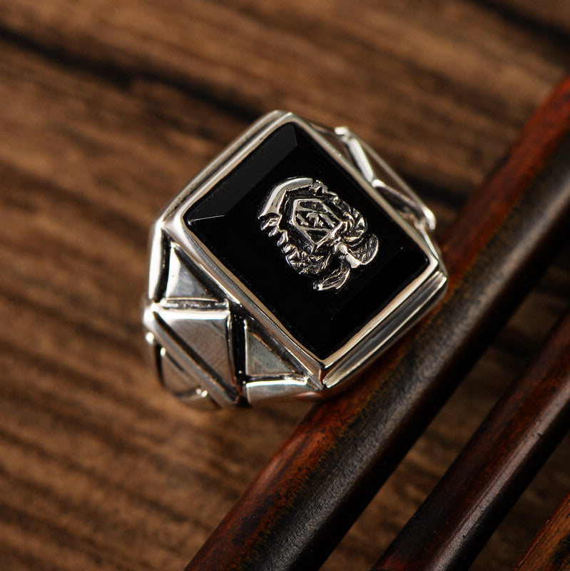 Black Agate Navy Wind Sterling Silver Ring