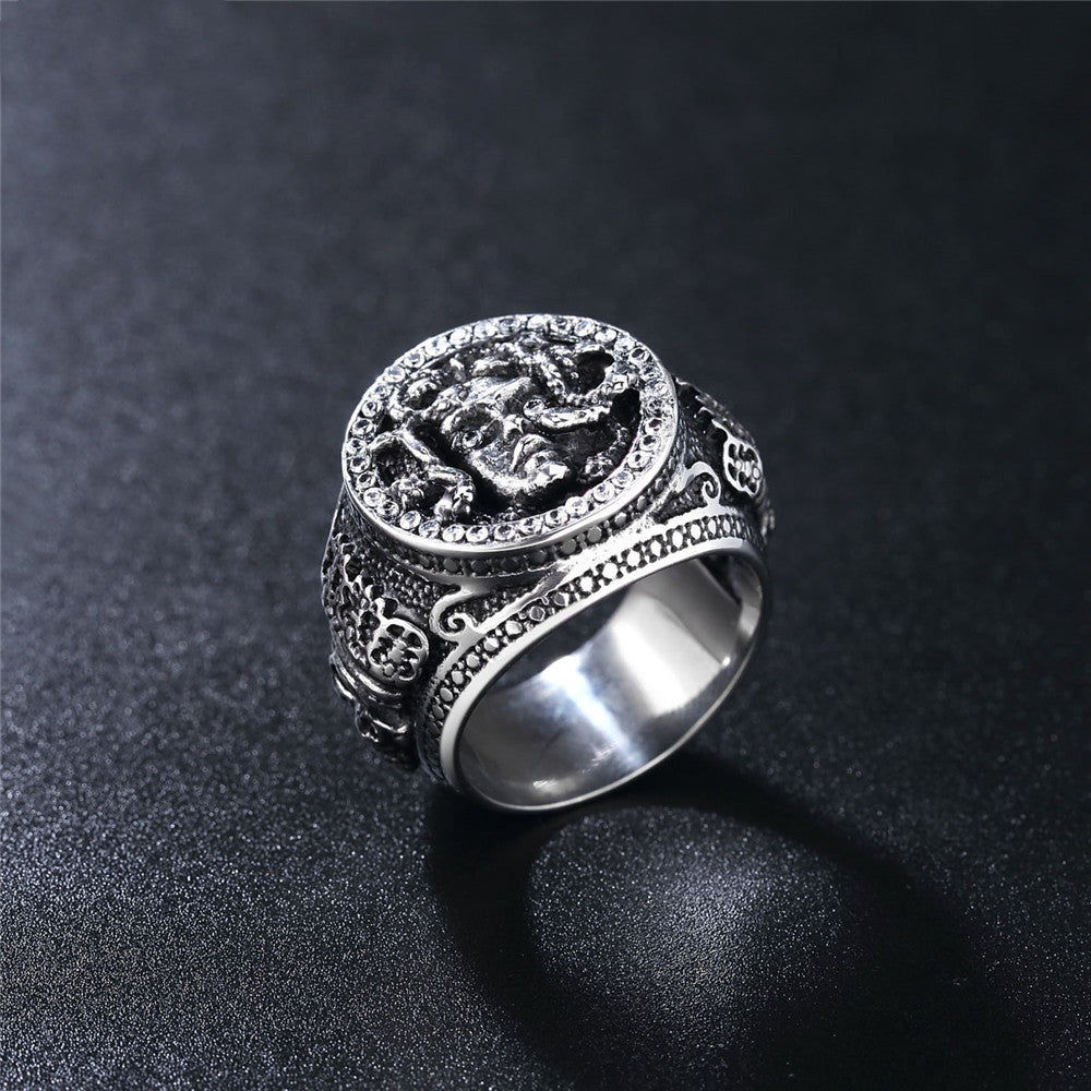 Antiqued Medusa Head titanium steel ring