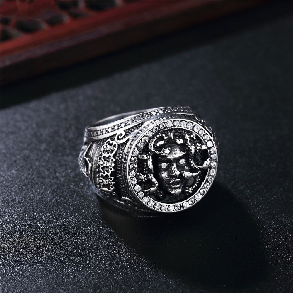 Antiqued Medusa Head titanium steel ring