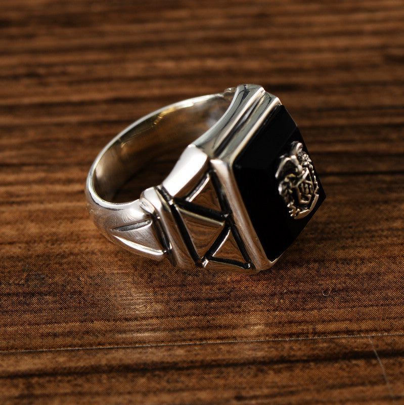 Black Agate Navy Wind Sterling Silver Ring