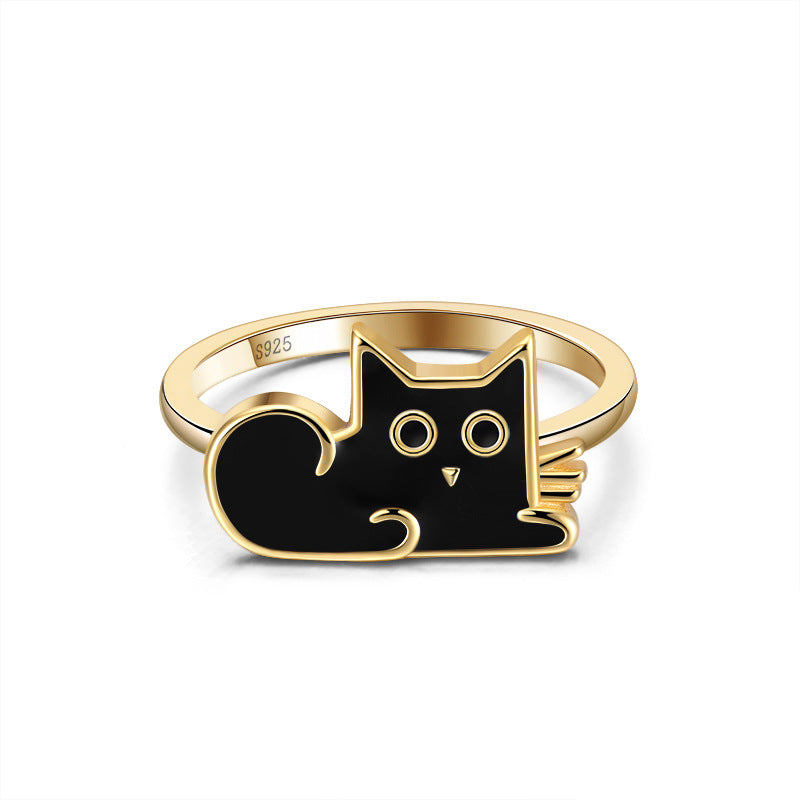 Trendy black cat sterling silver ring