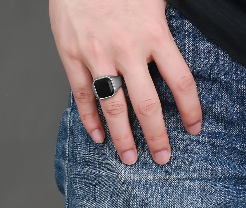 Men's Trendy stainless steel black agate ring