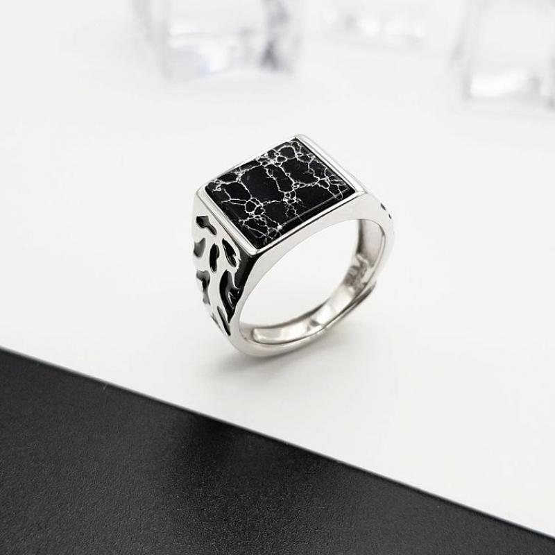925 Sterling Silver Vintage Men's Rings Adjustable Square Black Stone Flower