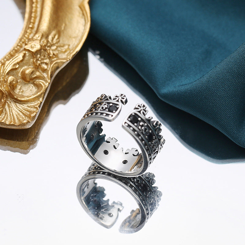Crown King Sterling Ring with Black Zircon Stone