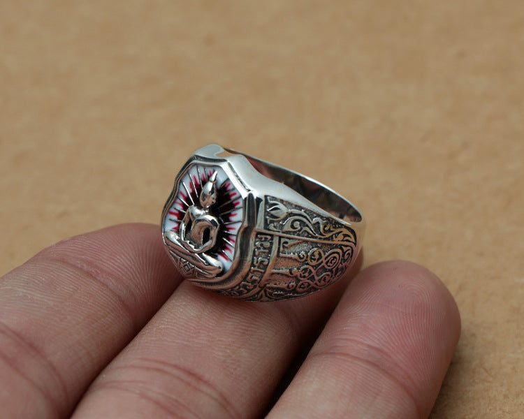 Sterling Silver Carved Somdej Retro Men Wide Face Ring