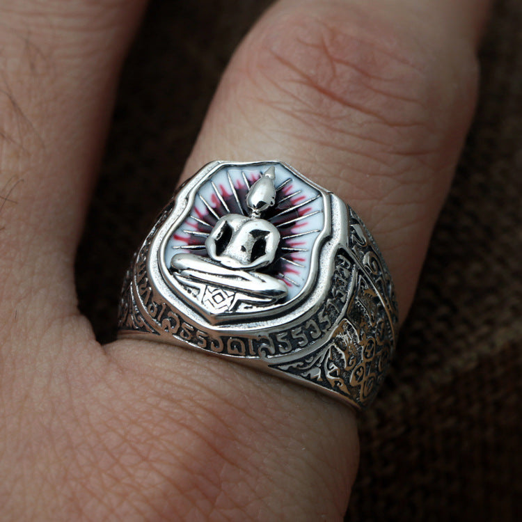 Sterling Silver Carved Somdej Retro Men Wide Face Ring