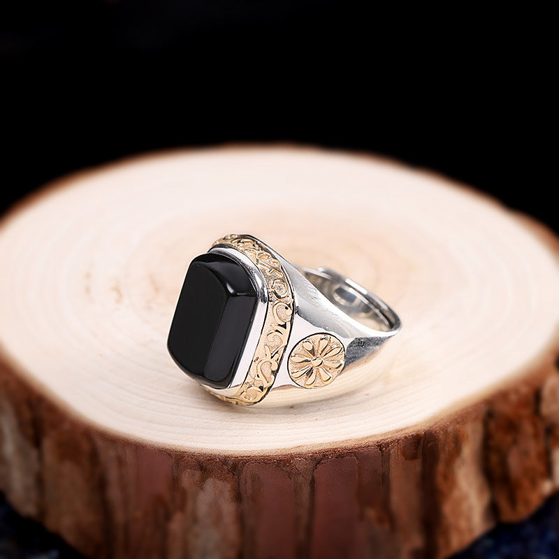 Ornate silver Men's Black Agate Ring