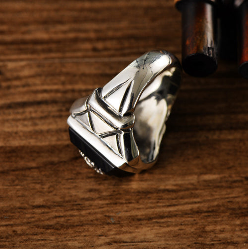 Black Agate Navy Wind Sterling Silver Ring