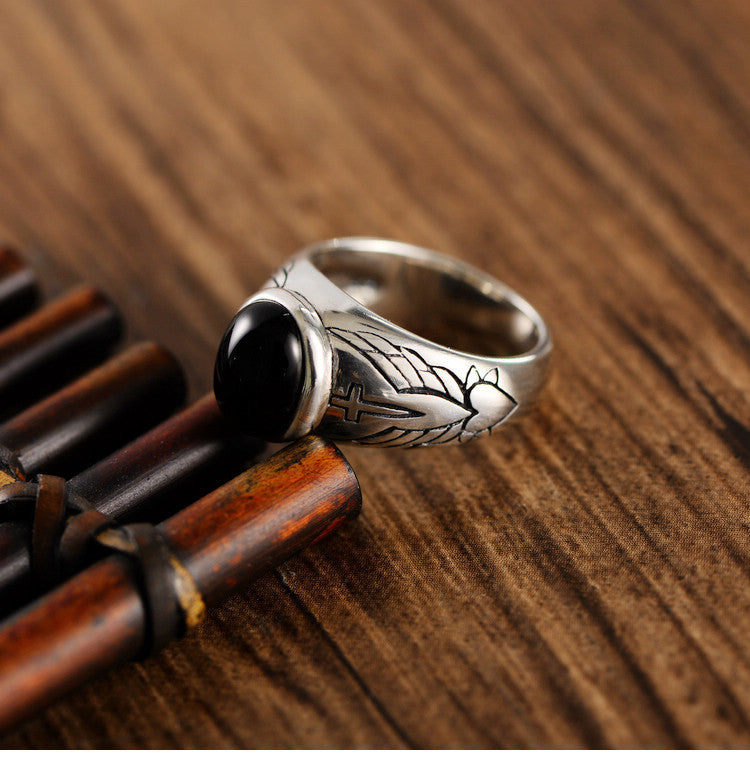 Tattoo Design Sterling Silver Black Agate Ring
