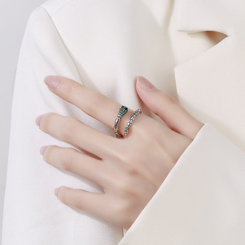 Sterling Snake Ring With Black Eyes