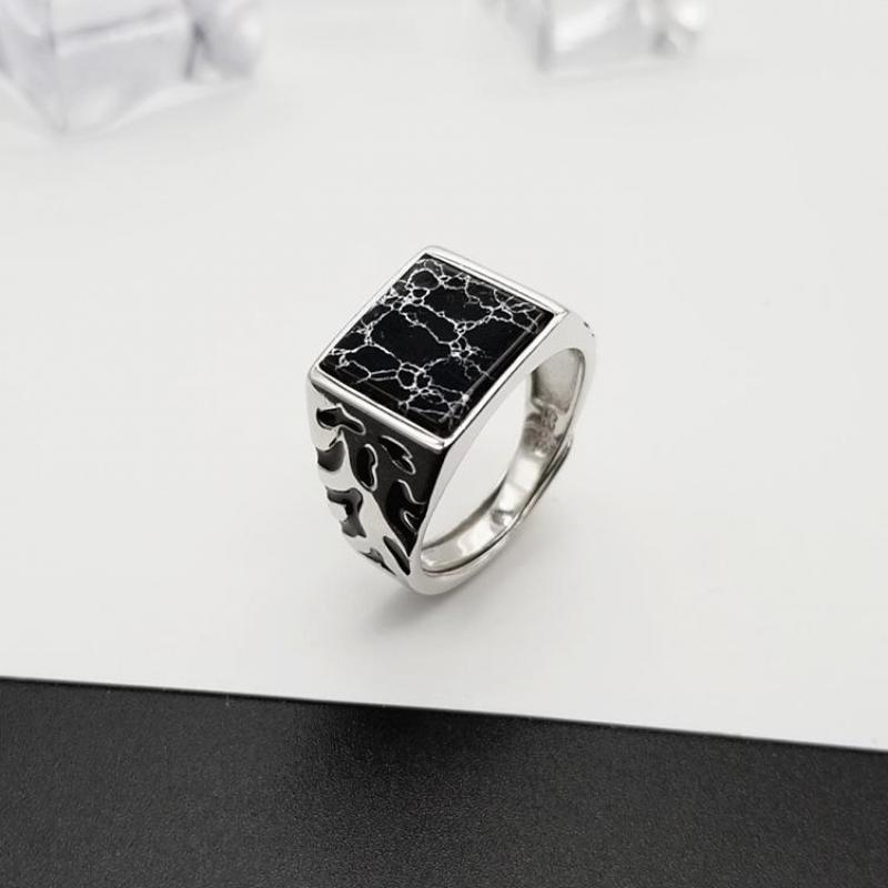 925 Sterling Silver Vintage Men's Rings Adjustable Square Black Stone Flower