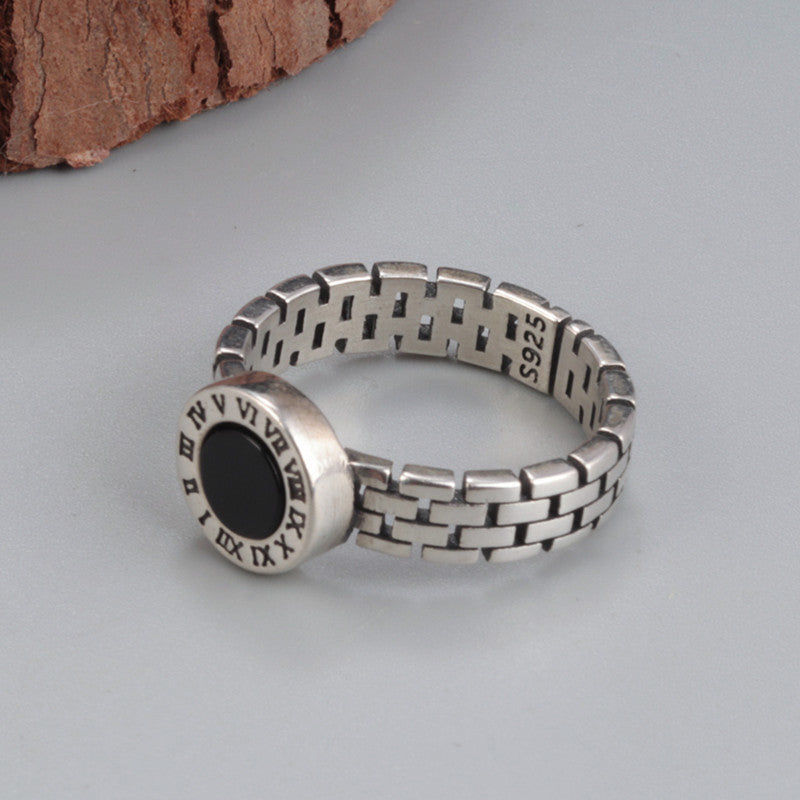 Sterling Silver Clock Design Black Onyx Ring