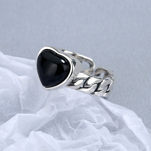 925 Black Agate Heart Silver Ring