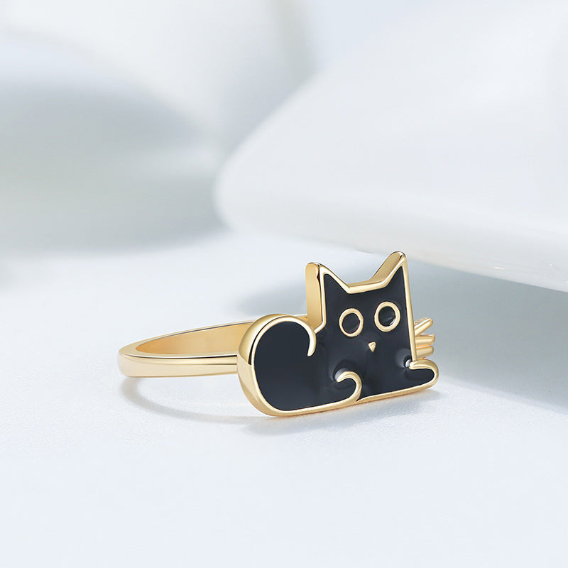 Trendy black cat sterling silver ring