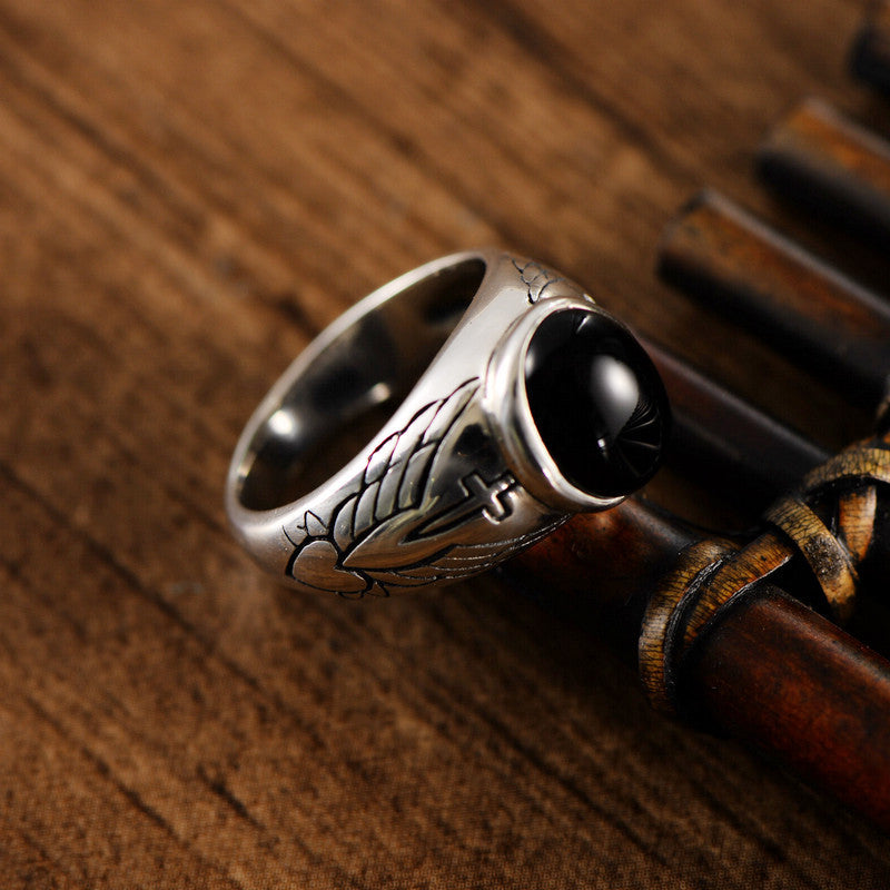 Tattoo Design Sterling Silver Black Agate Ring