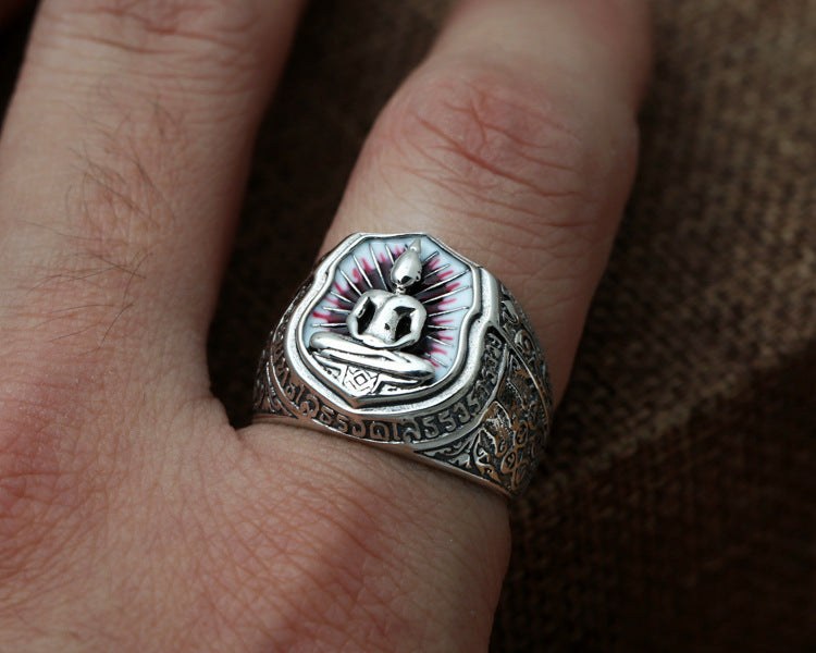 Sterling Silver Carved Somdej Retro Men Wide Face Ring