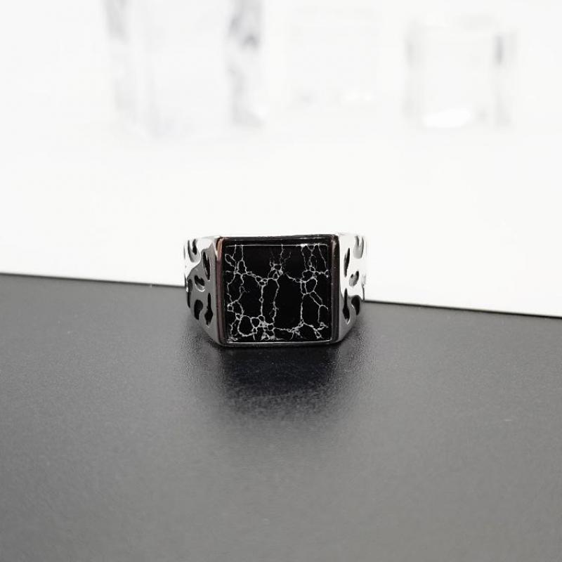925 Sterling Silver Vintage Men's Rings Adjustable Square Black Stone Flower