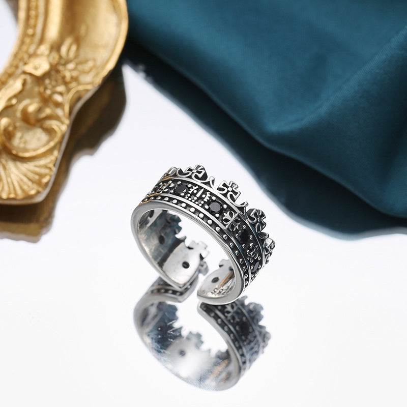 Crown King Sterling Ring with Black Zircon Stone