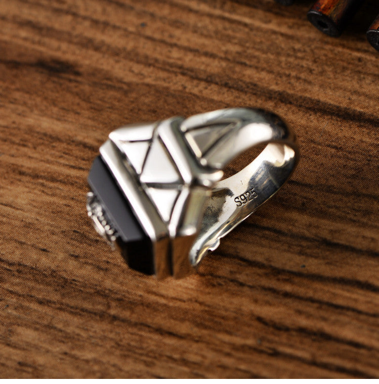 Black Agate Navy Wind Sterling Silver Ring