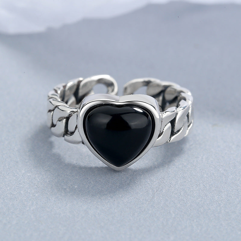 925 Black Agate Heart Silver Ring