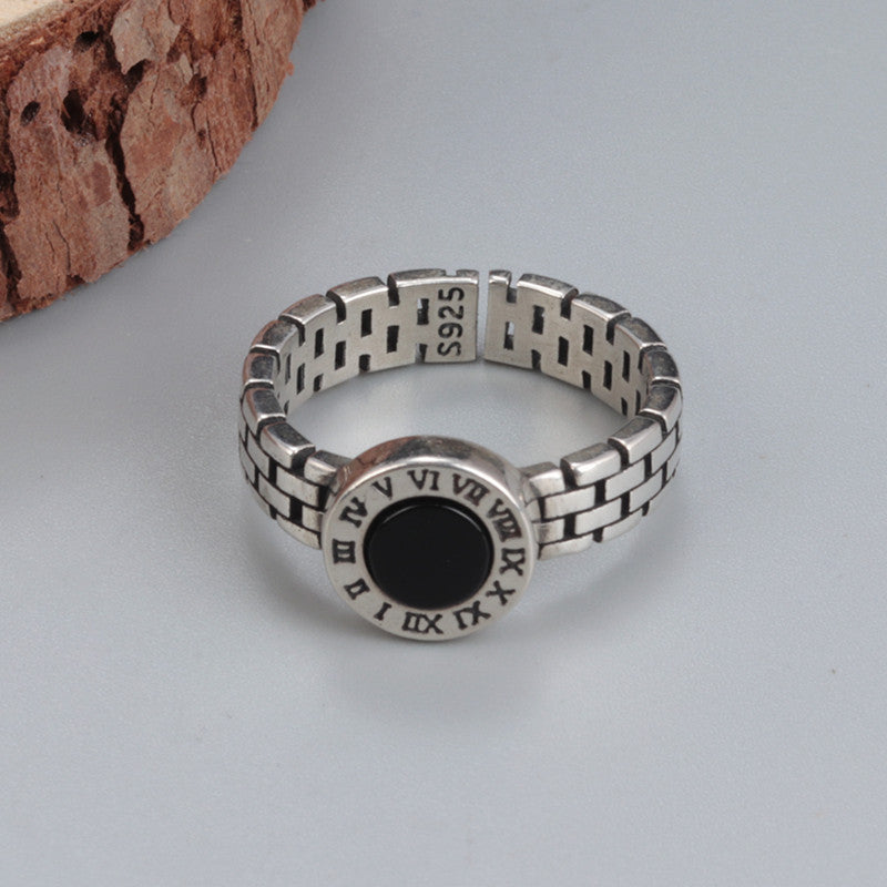 Sterling Silver Clock Design Black Onyx Ring