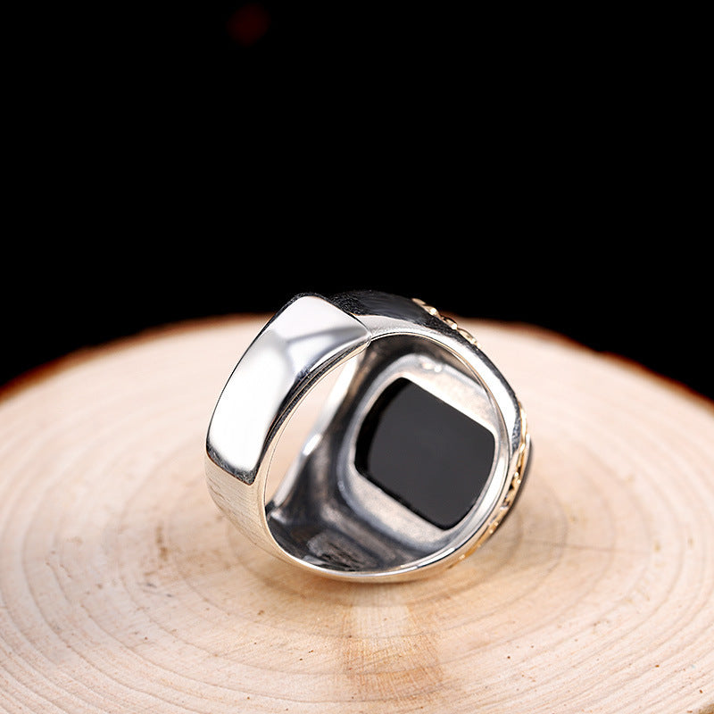 Ornate silver Men's Black Agate Ring