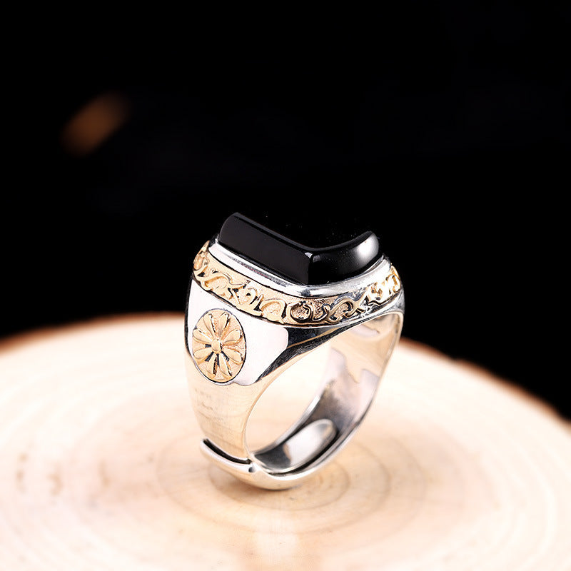 Ornate silver Men's Black Agate Ring