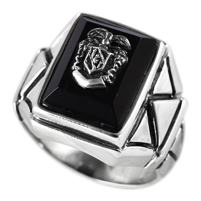 Black Agate Navy Wind Sterling Silver Ring