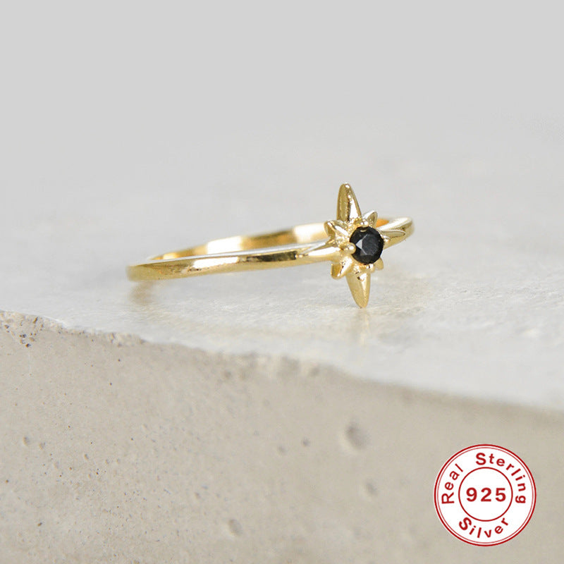 Dainty Sterling Silver Starburst Ring With Black Stone