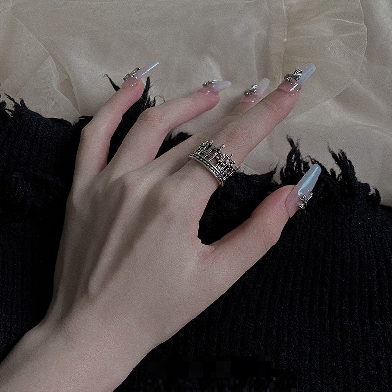 S925 Sterling Silver Black Ruby Crown Cross Ring