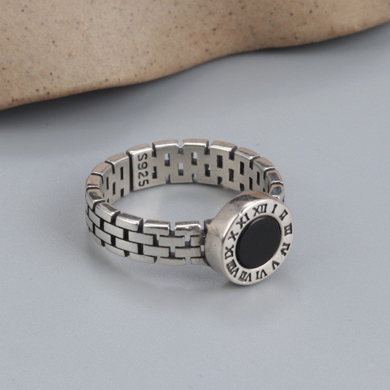 Sterling Silver Clock Design Black Onyx Ring
