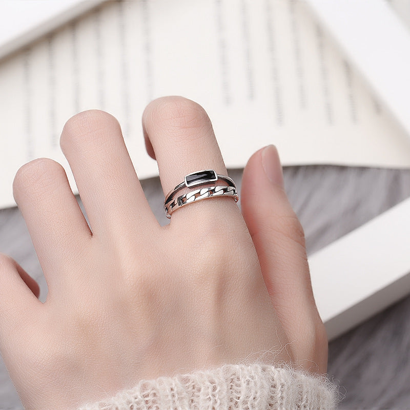 S925 Sterling Silver Distressed Black Epoxy Ring