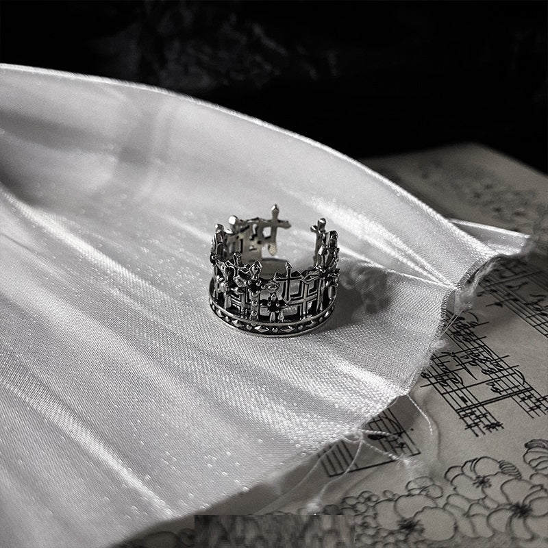 S925 Sterling Silver Black Ruby Crown Cross Ring