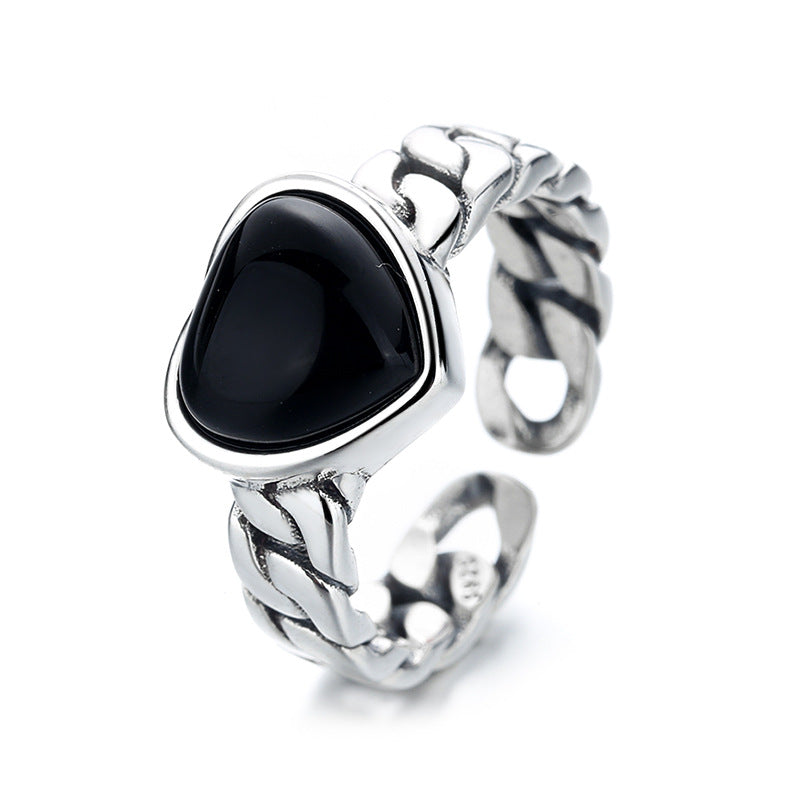 925 Black Agate Heart Silver Ring