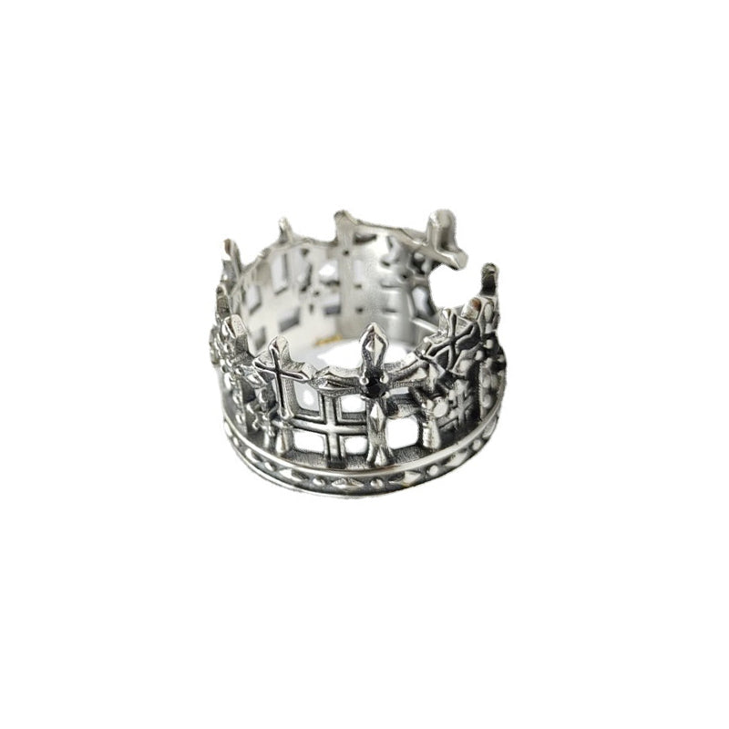 S925 Sterling Silver Black Ruby Crown Cross Ring
