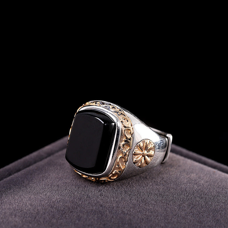 Ornate silver Men's Black Agate Ring