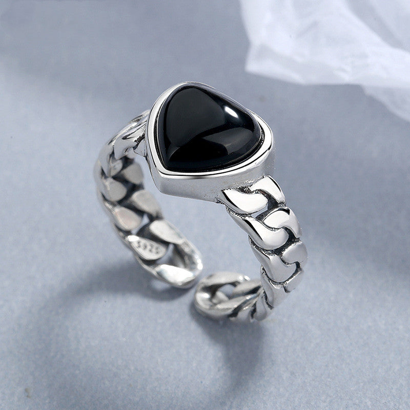925 Black Agate Heart Silver Ring