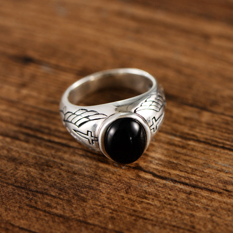 Tattoo Design Sterling Silver Black Agate Ring