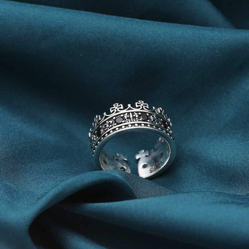 Crown King Sterling Ring with Black Zircon Stone