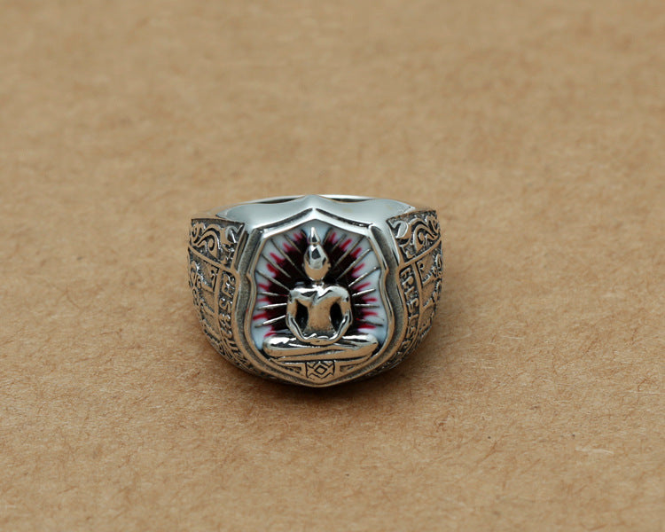 Sterling Silver Carved Somdej Retro Men Wide Face Ring