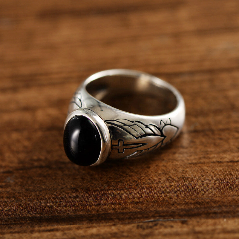 Tattoo Design Sterling Silver Black Agate Ring
